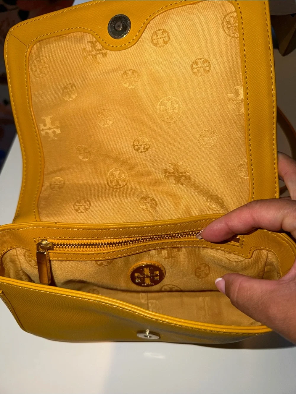 Tory Burch Mustard Yellow Leather Chain Strap Crossbody
